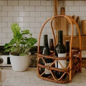 Vintage Bamboo Wine Basket Holder Bent Handle Rustic Boho Farmhouse 18”